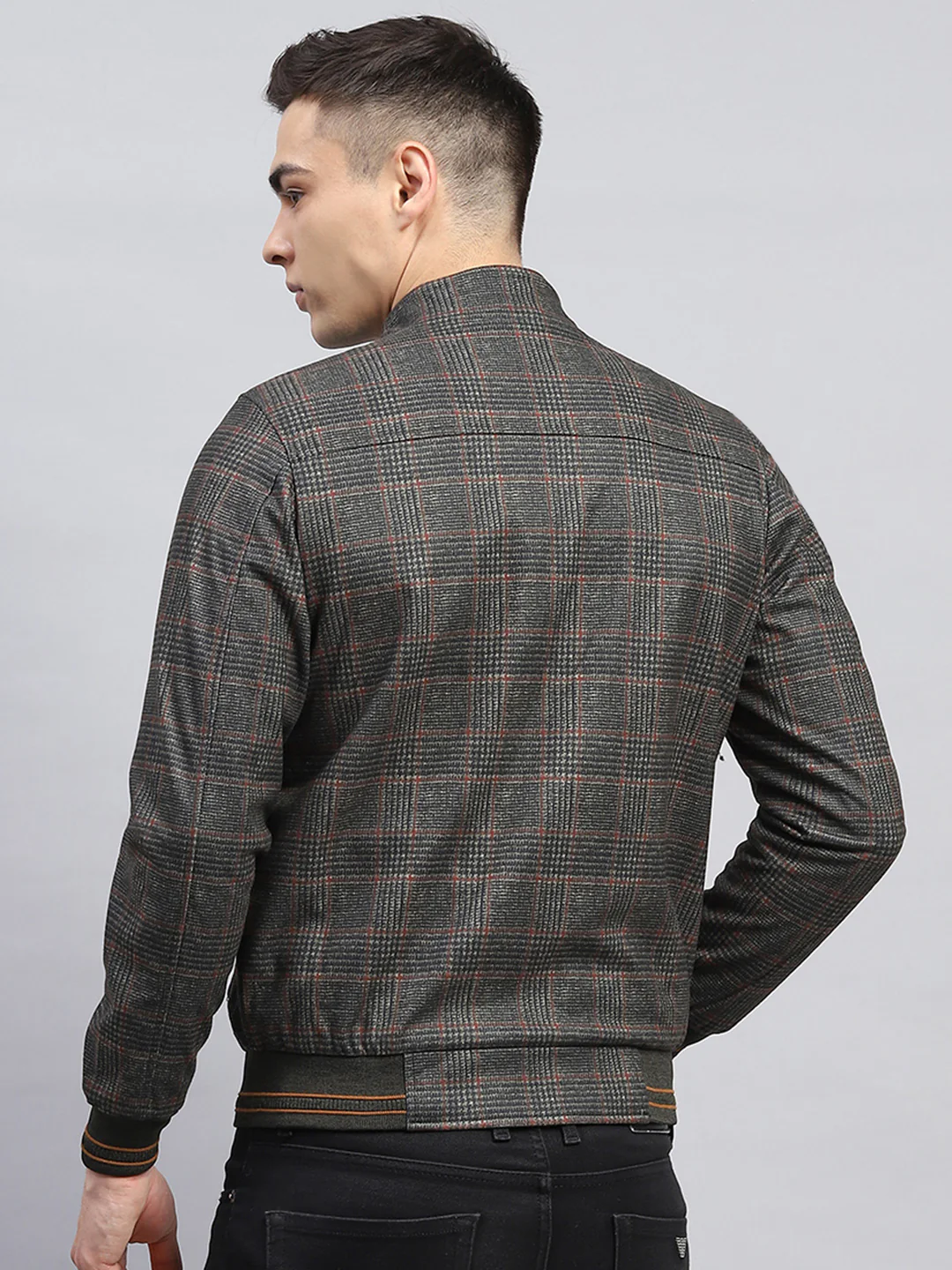 Men Olive Check Mock Neck Full Sleeve Jacket - Image 5