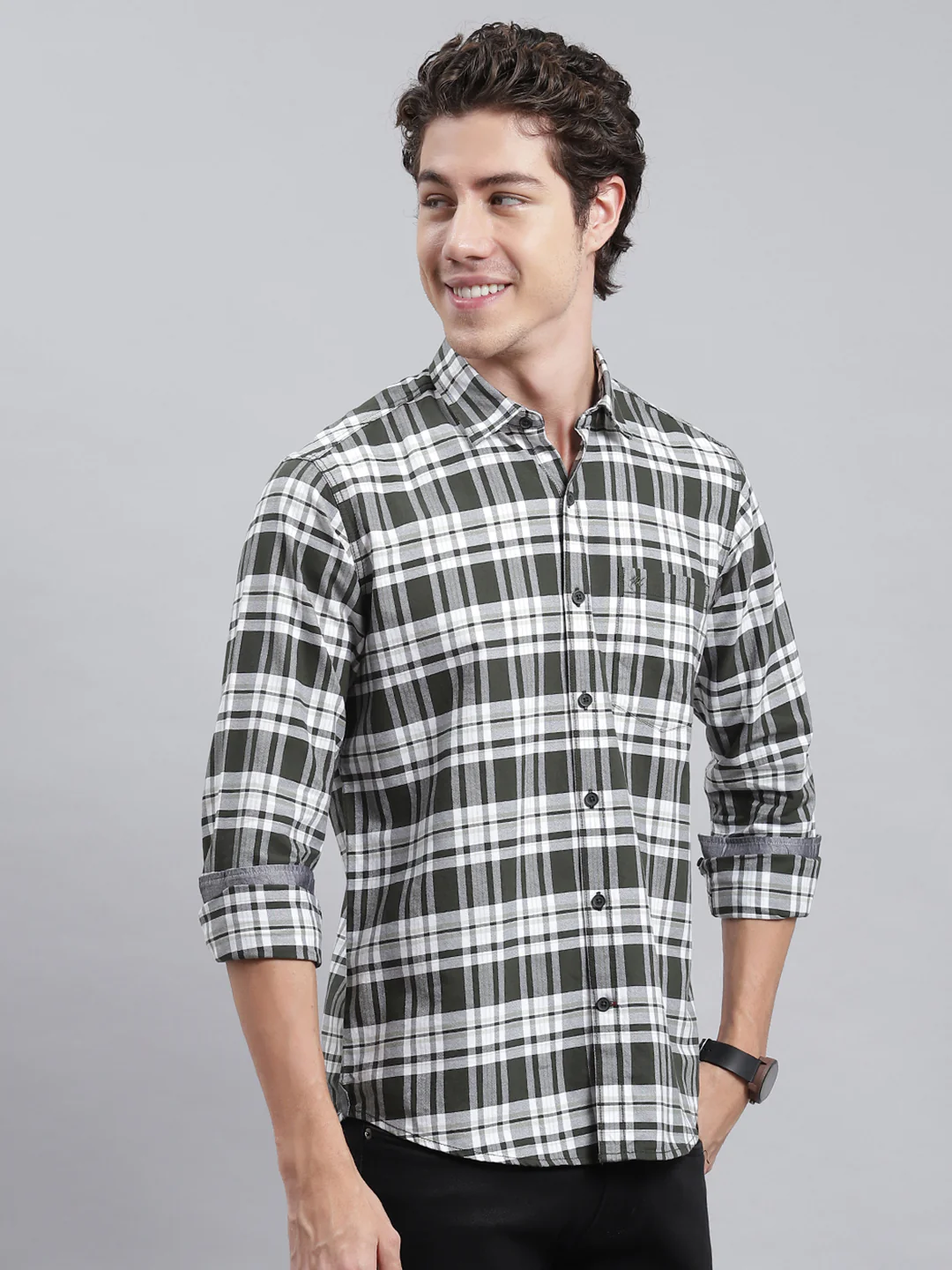 Men Olive Check Shirt - Image 3