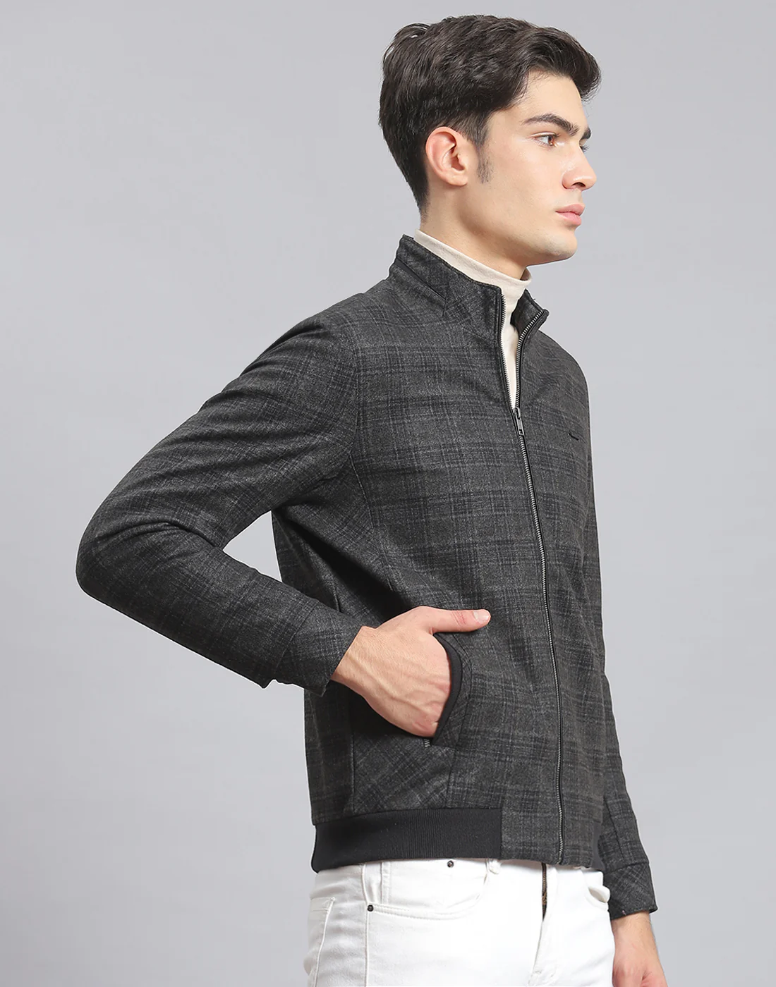 Men Olive Check Stand Collar Full Sleeve Coat - Image 4