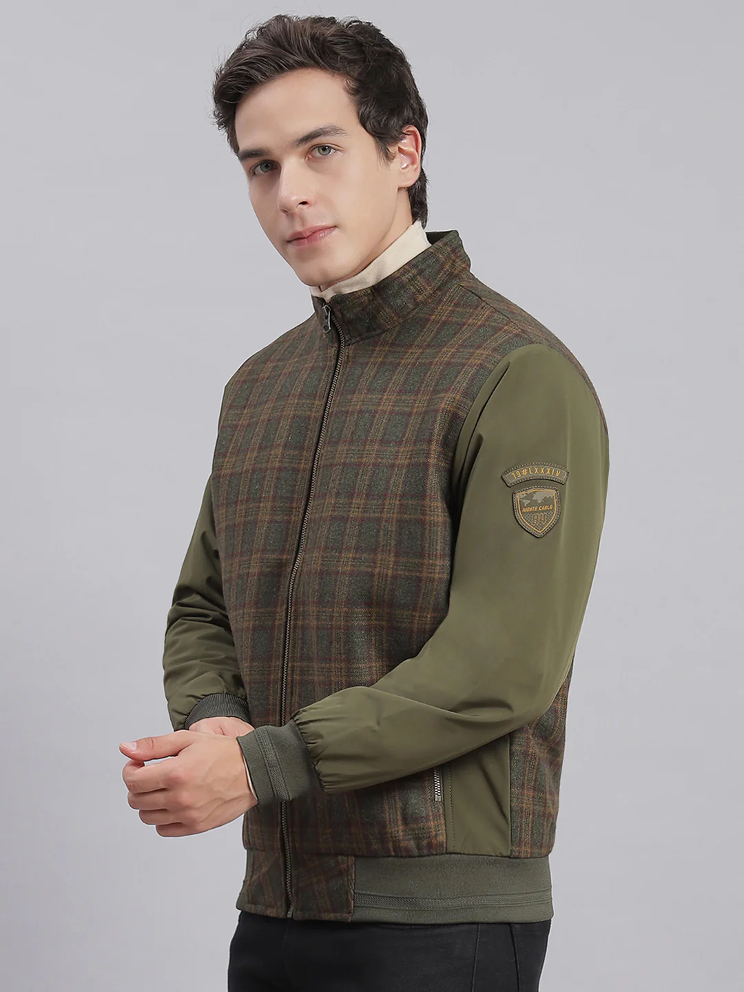 Men Olive Check Stand Collar Full Sleeve Jackets - Image 3