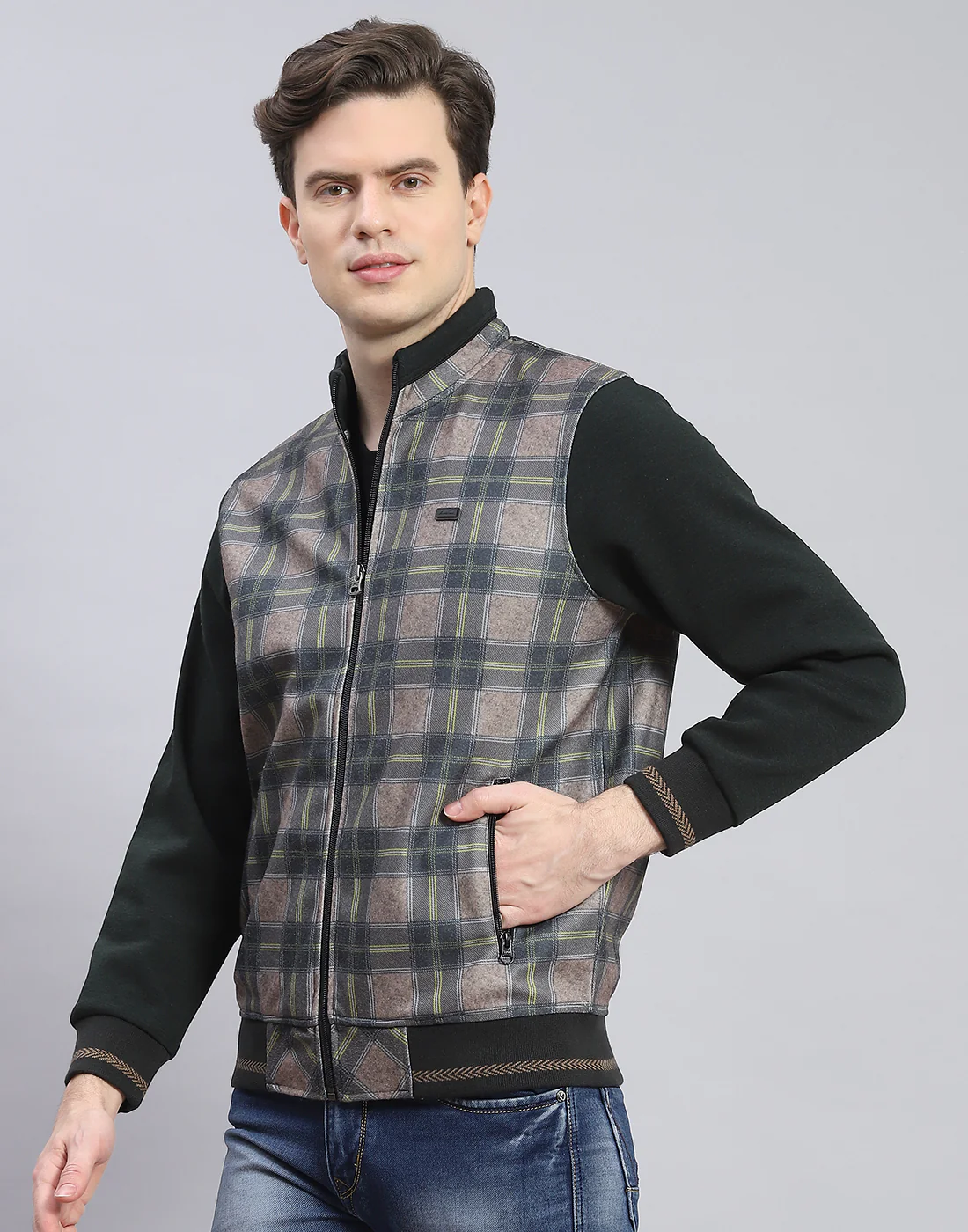 Men Olive Check Stand Collar Full Sleeve Sweatshirt - Image 3