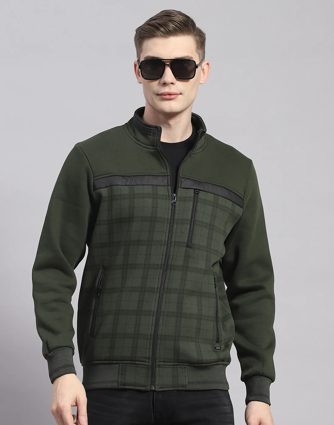 Men Olive Check Stand Collar Full Sleeve Sweatshirt - Image 2
