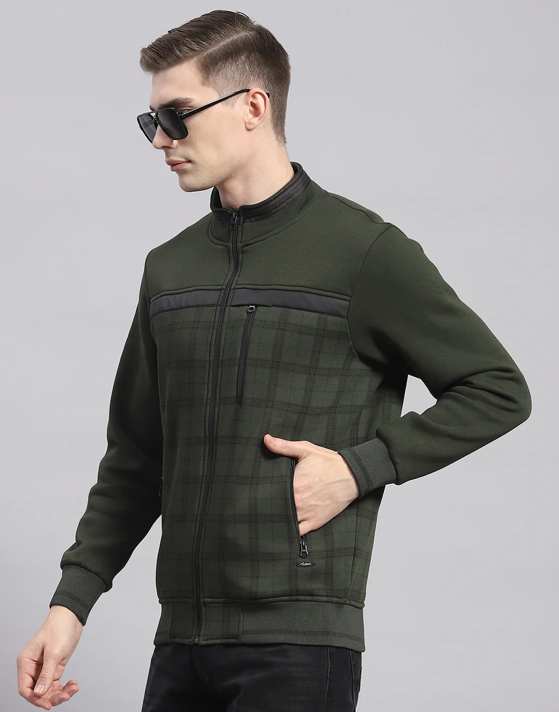 Men Olive Check Stand Collar Full Sleeve Sweatshirt - Image 3