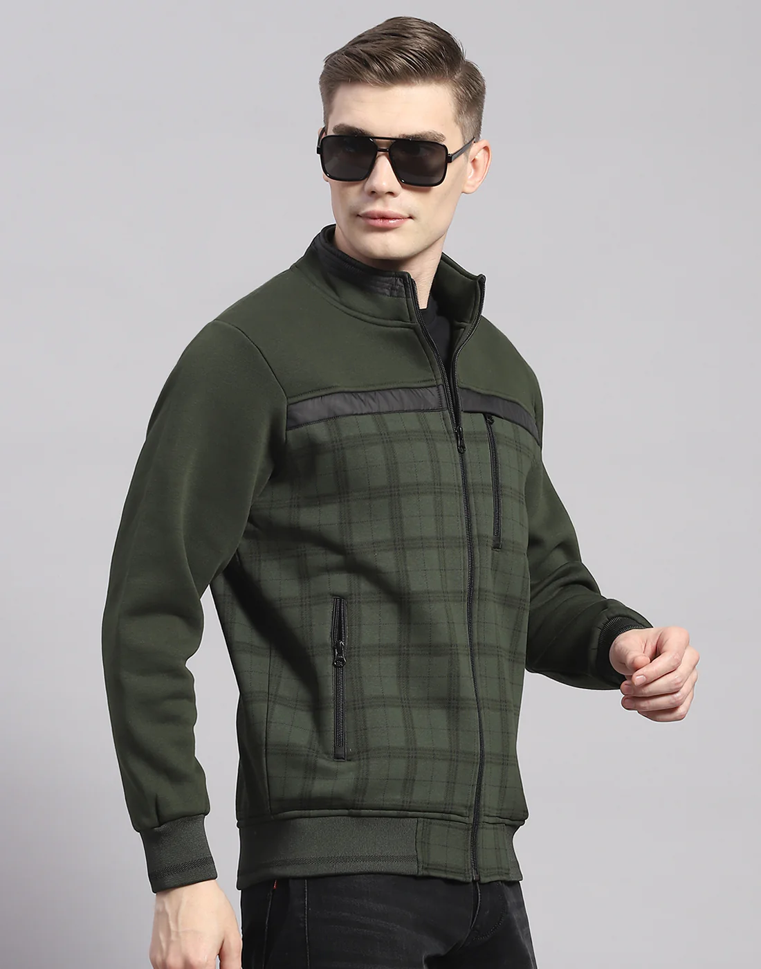 Men Olive Check Stand Collar Full Sleeve Sweatshirt - Image 4