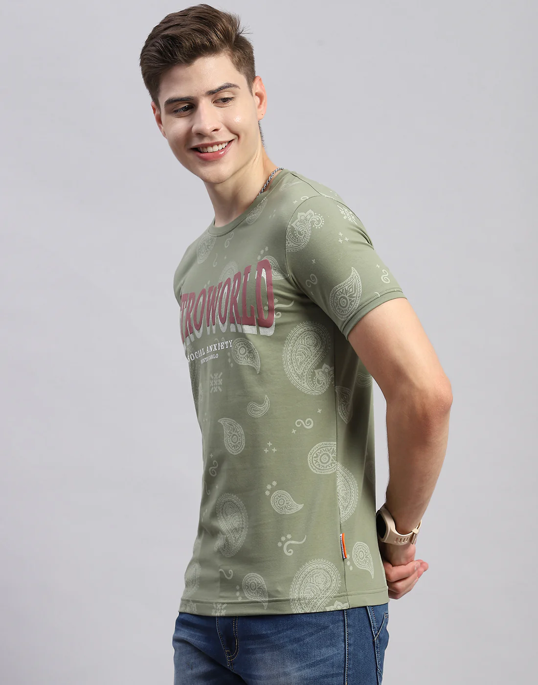 Men Olive Floral Print Collar Half Sleeve T-Shirt - Image 3