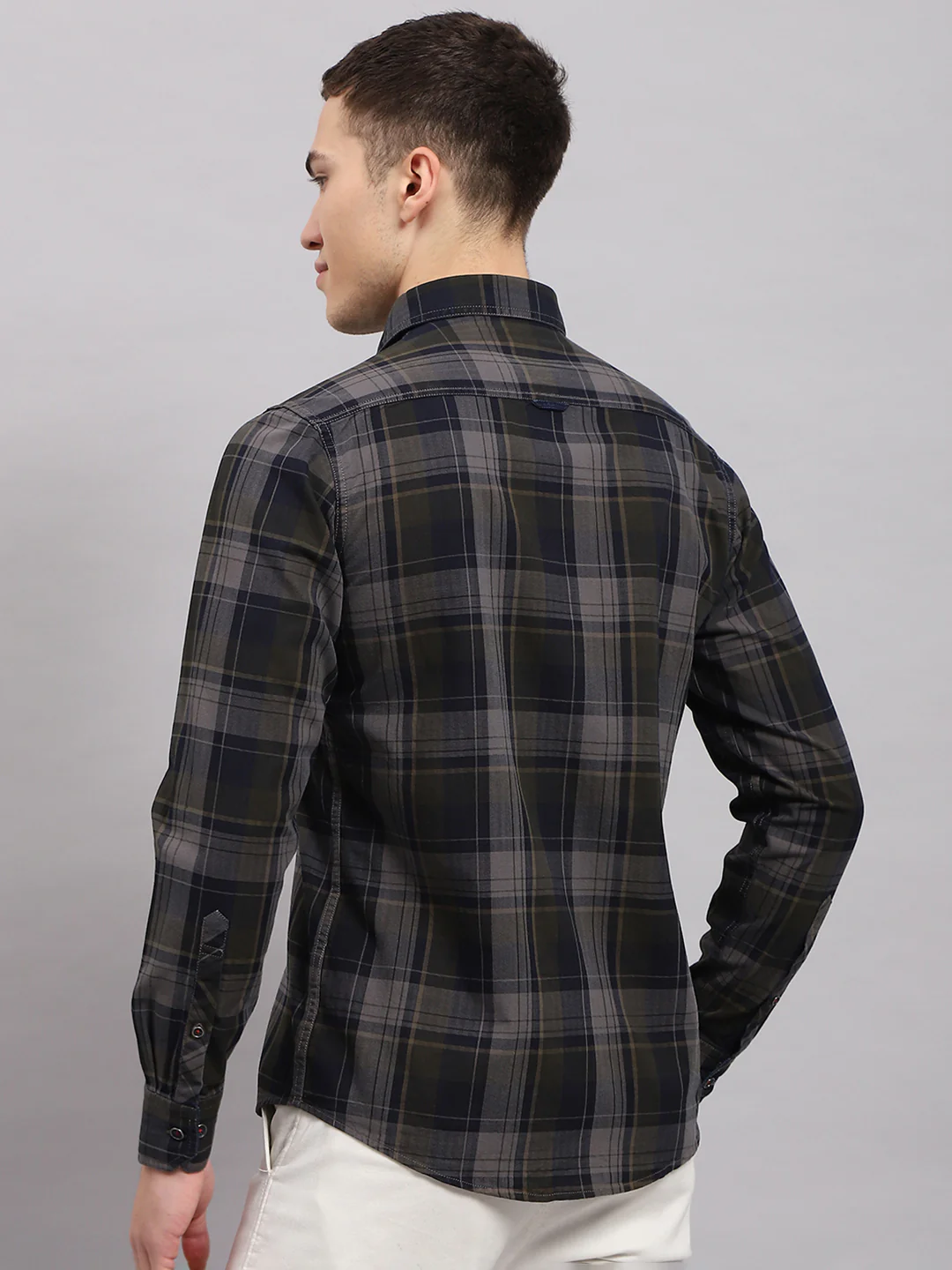 Men Olive & Grey Check Collar Full Sleeve Shirt - Image 5