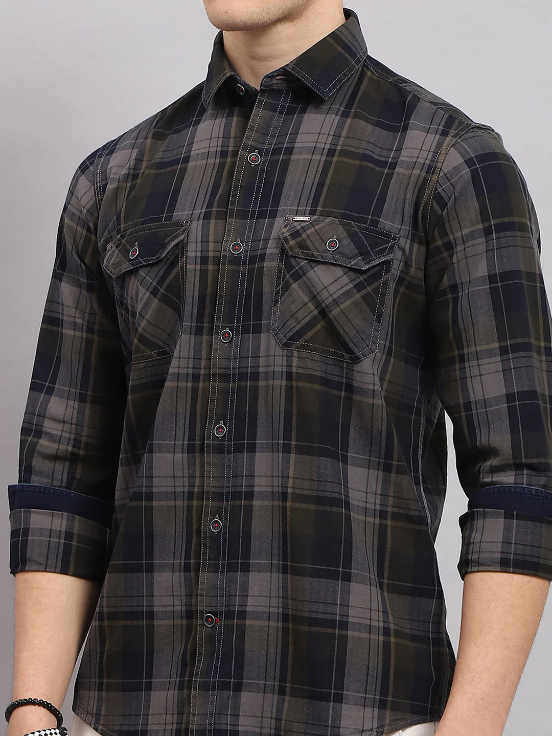 Men Olive & Grey Check Collar Full Sleeve Shirt - Image 7