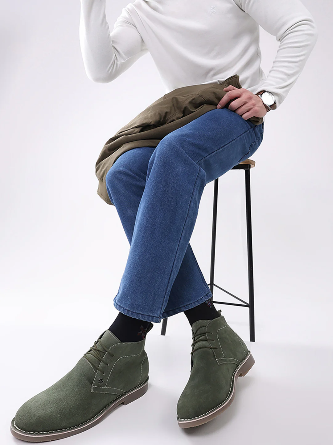 Men Olive Lace Up Genuine Leather Chukka Boots - Image 11