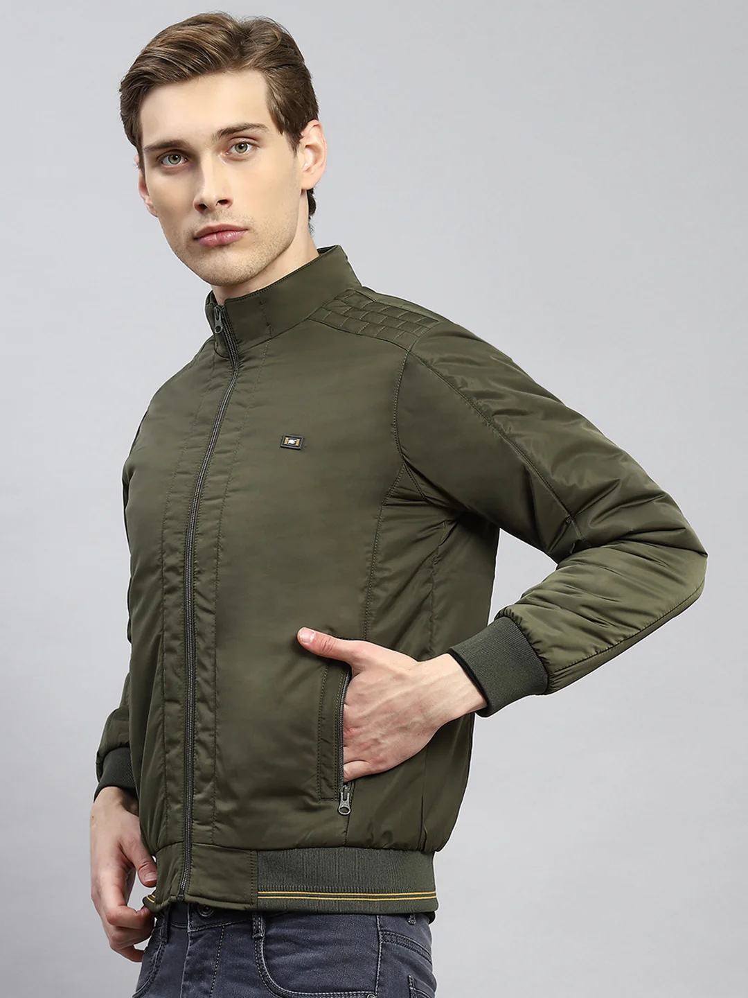 Men Olive Plain Jacket - Image 4
