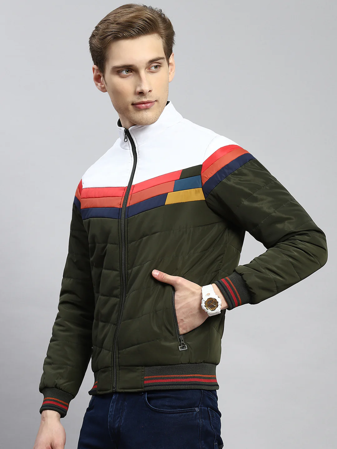 Men Olive Plain Jacket - Image 4
