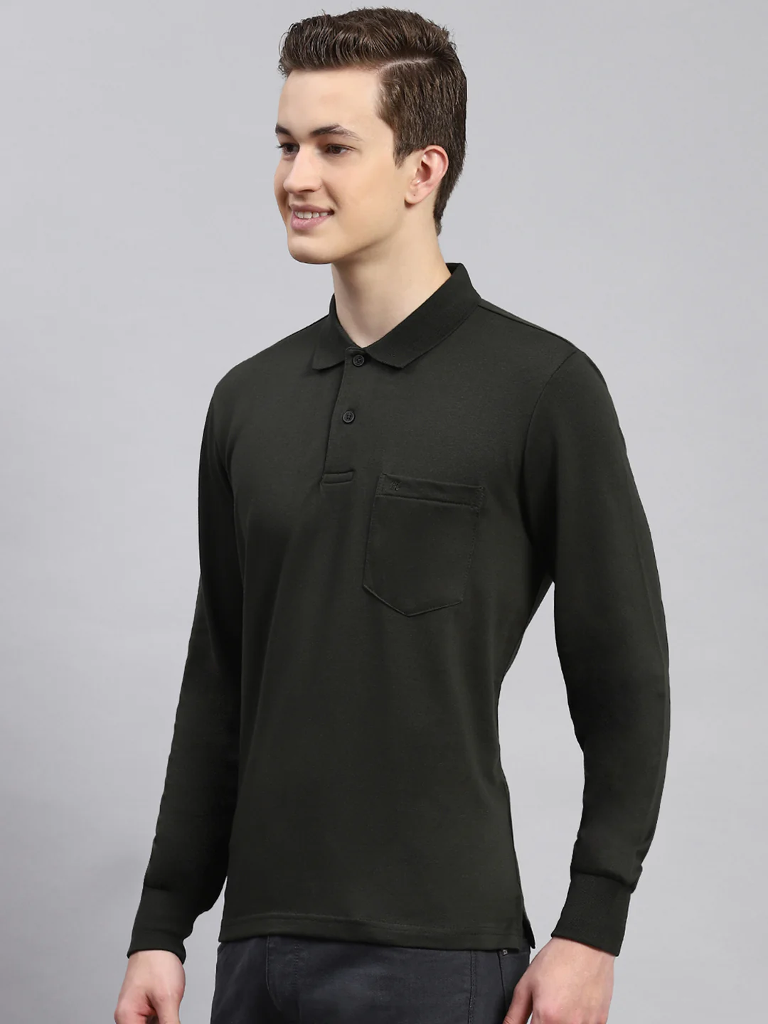 Men Olive Plain Winter T-Shirt - Image 4