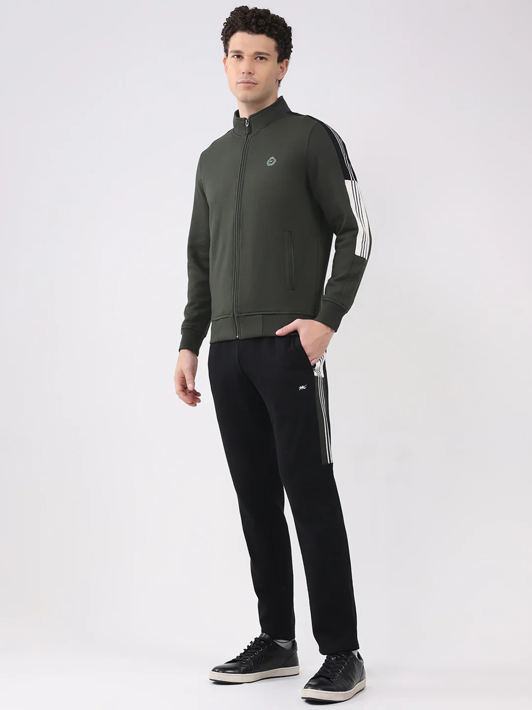 Men Olive Printed Collar Full Sleeve Winter Tracksuit - Image 3