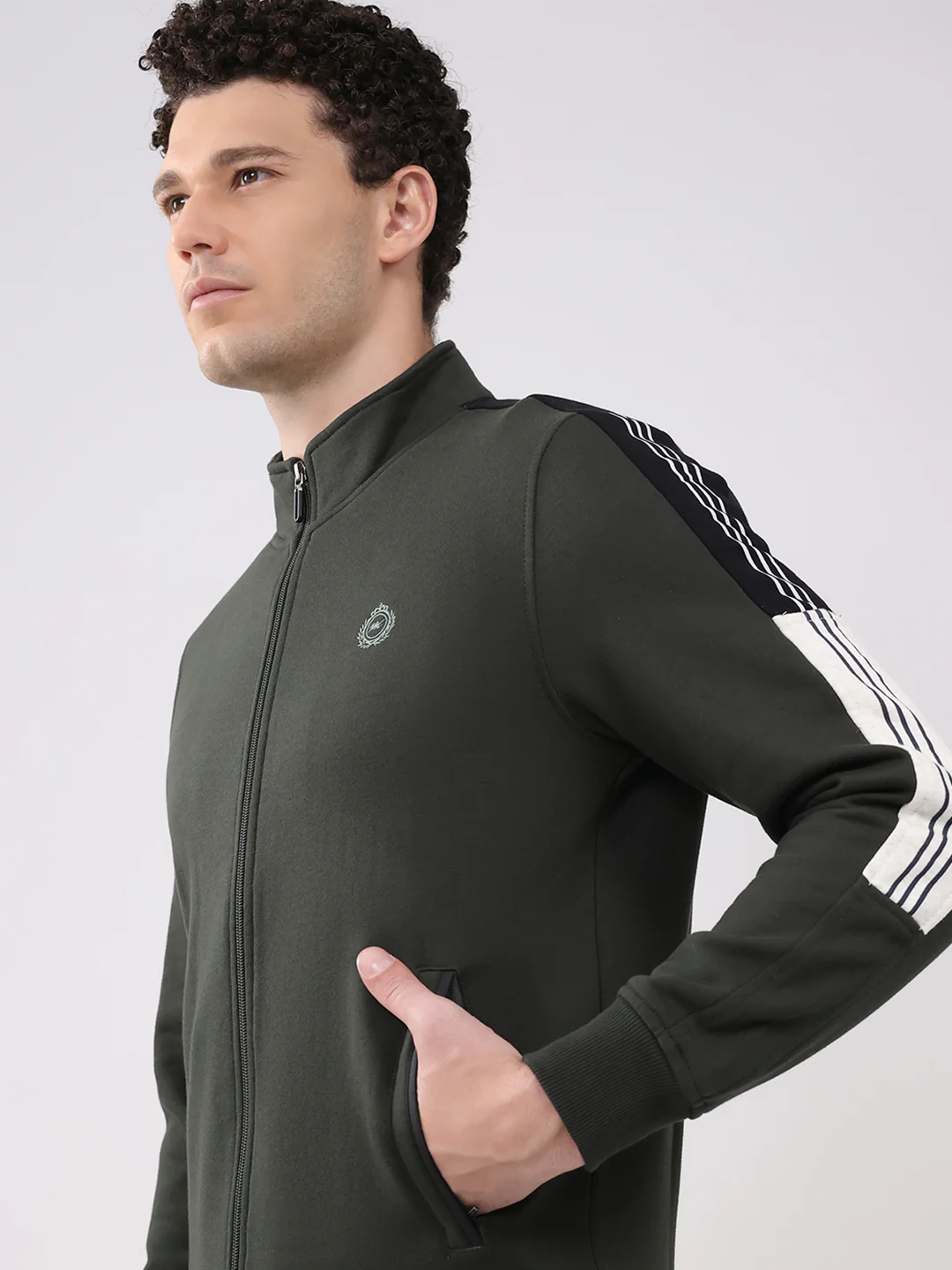 Men Olive Printed Collar Full Sleeve Winter Tracksuit - Image 6