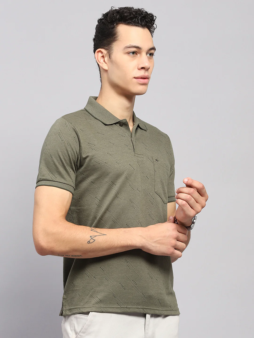 Men Olive Printed Collar Half Sleeve T-Shirt - Image 4