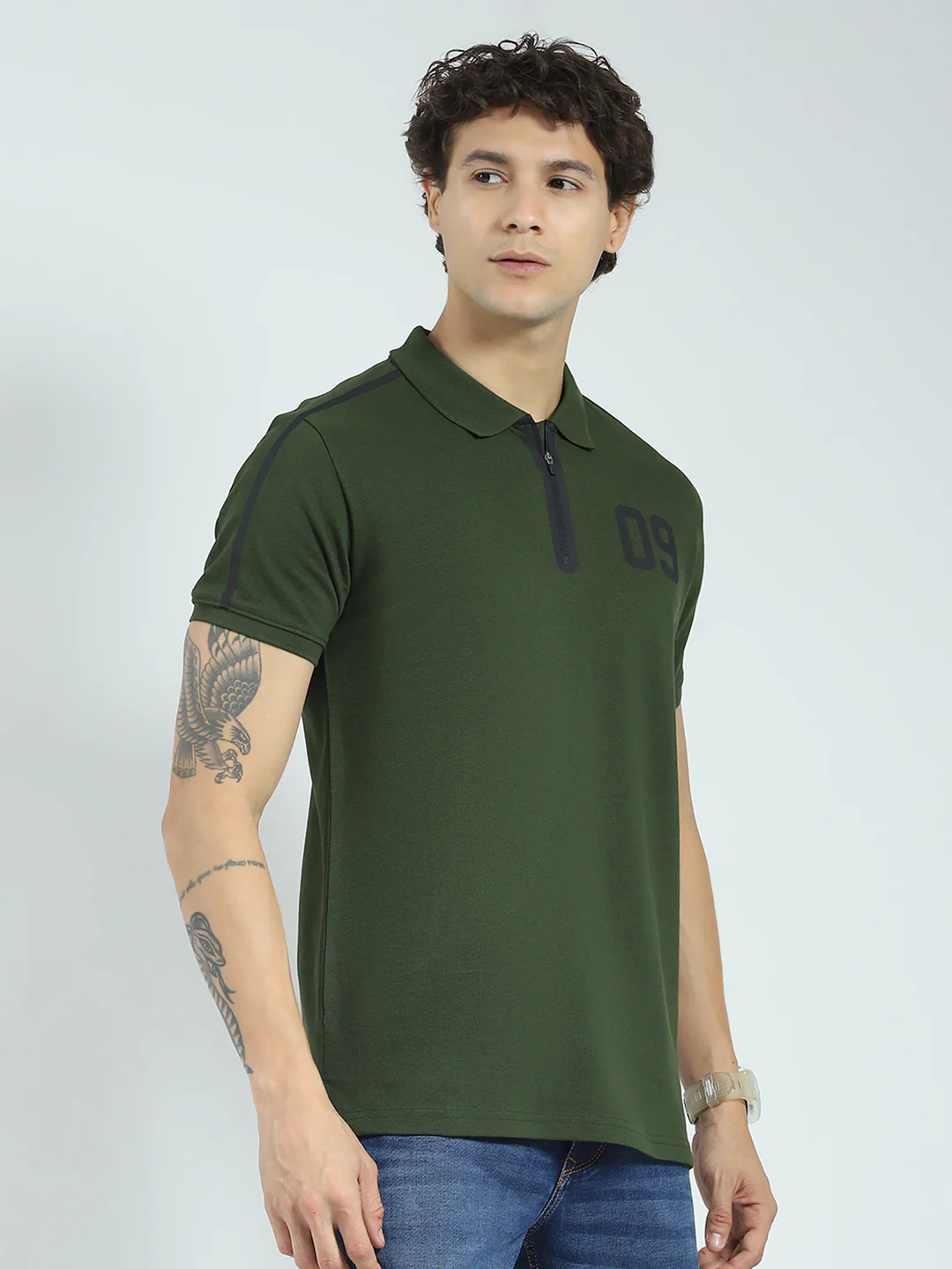 Rock.it Men Olive Printed Collar Half Sleeve T-Shirt - Image 4