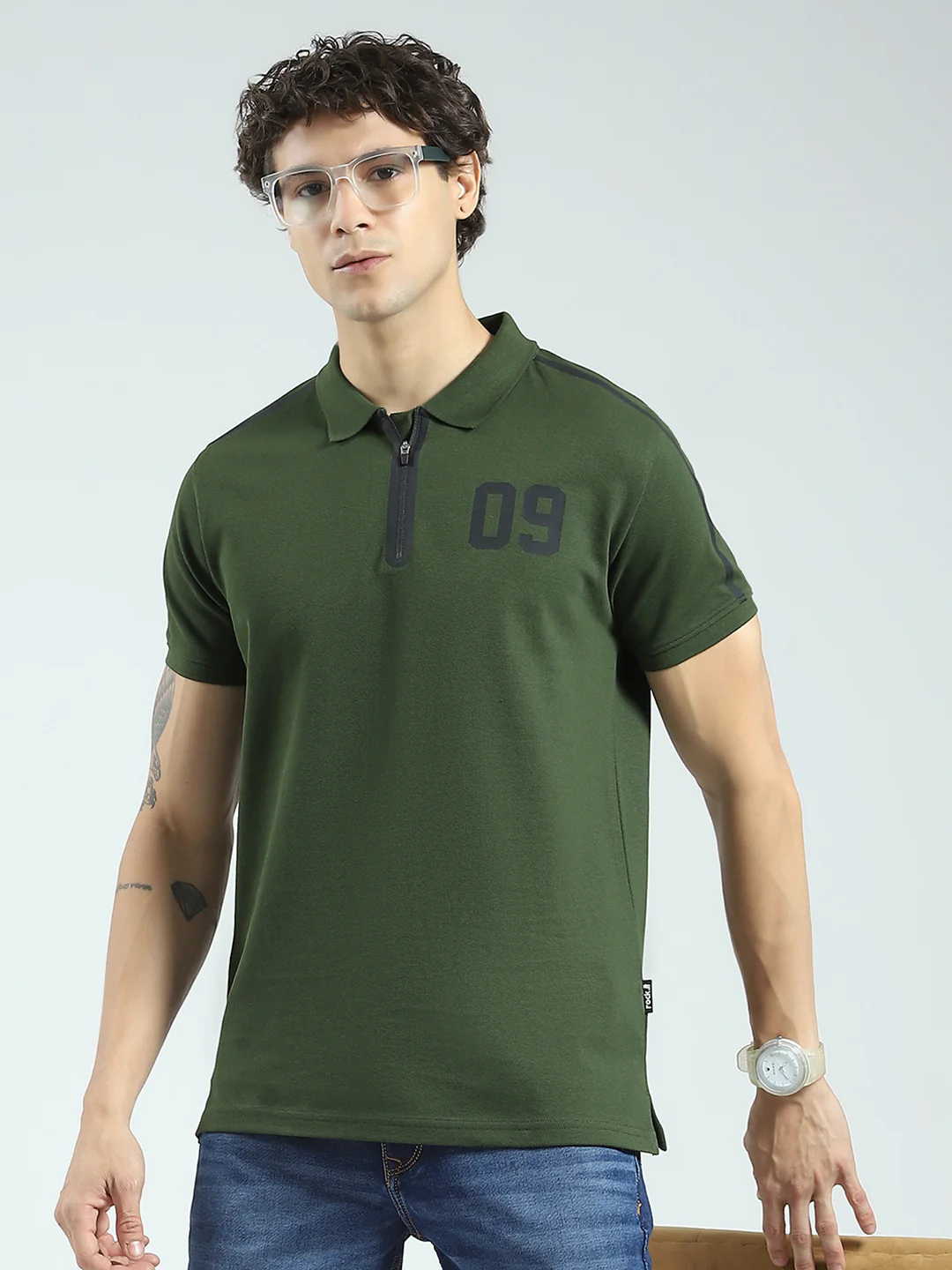 Rock.it Men Olive Printed Collar Half Sleeve T-Shirt - Image 6