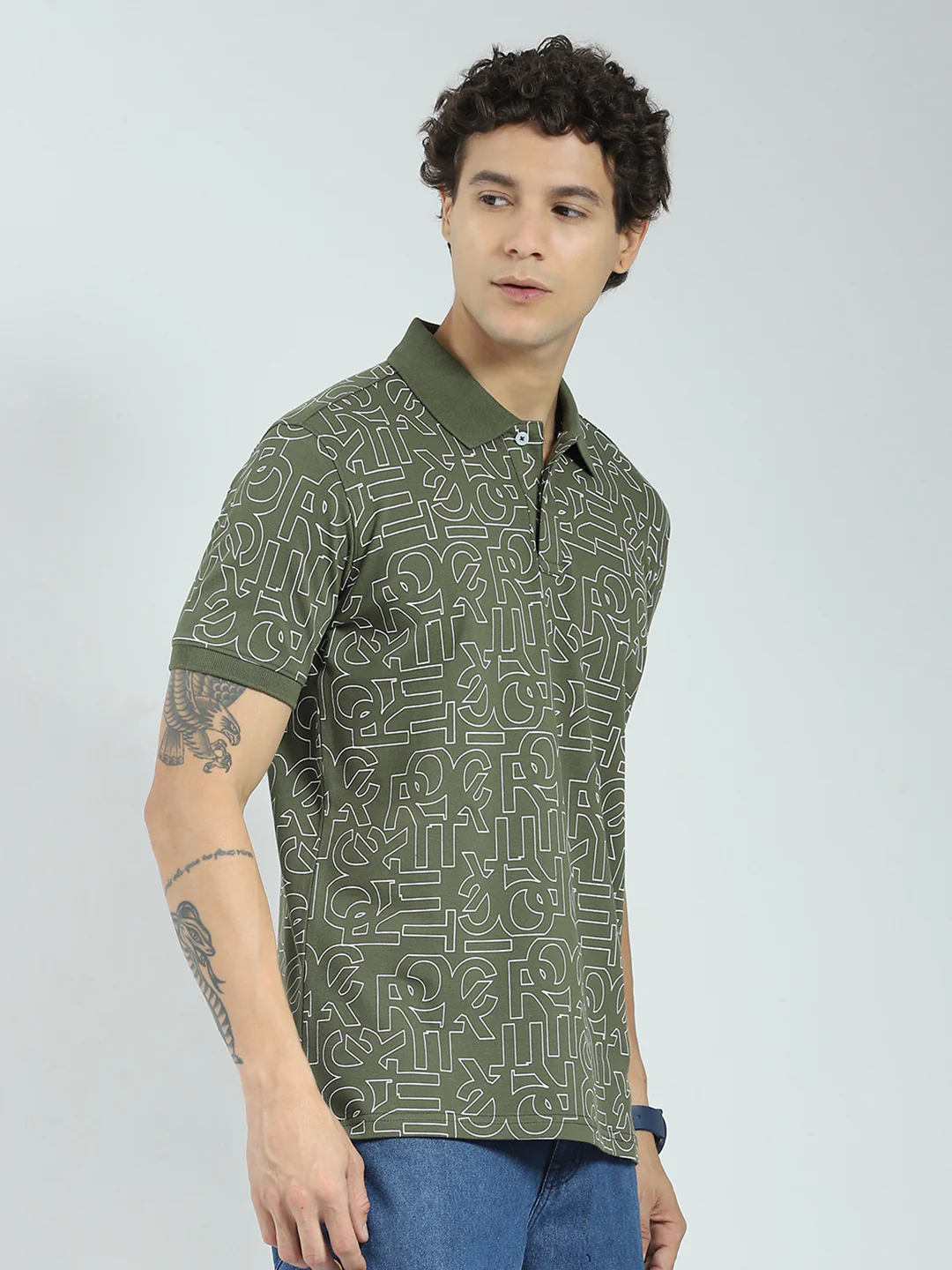 Rock.it Men Olive Printed Collar Half Sleeve T-Shirt - Image 4