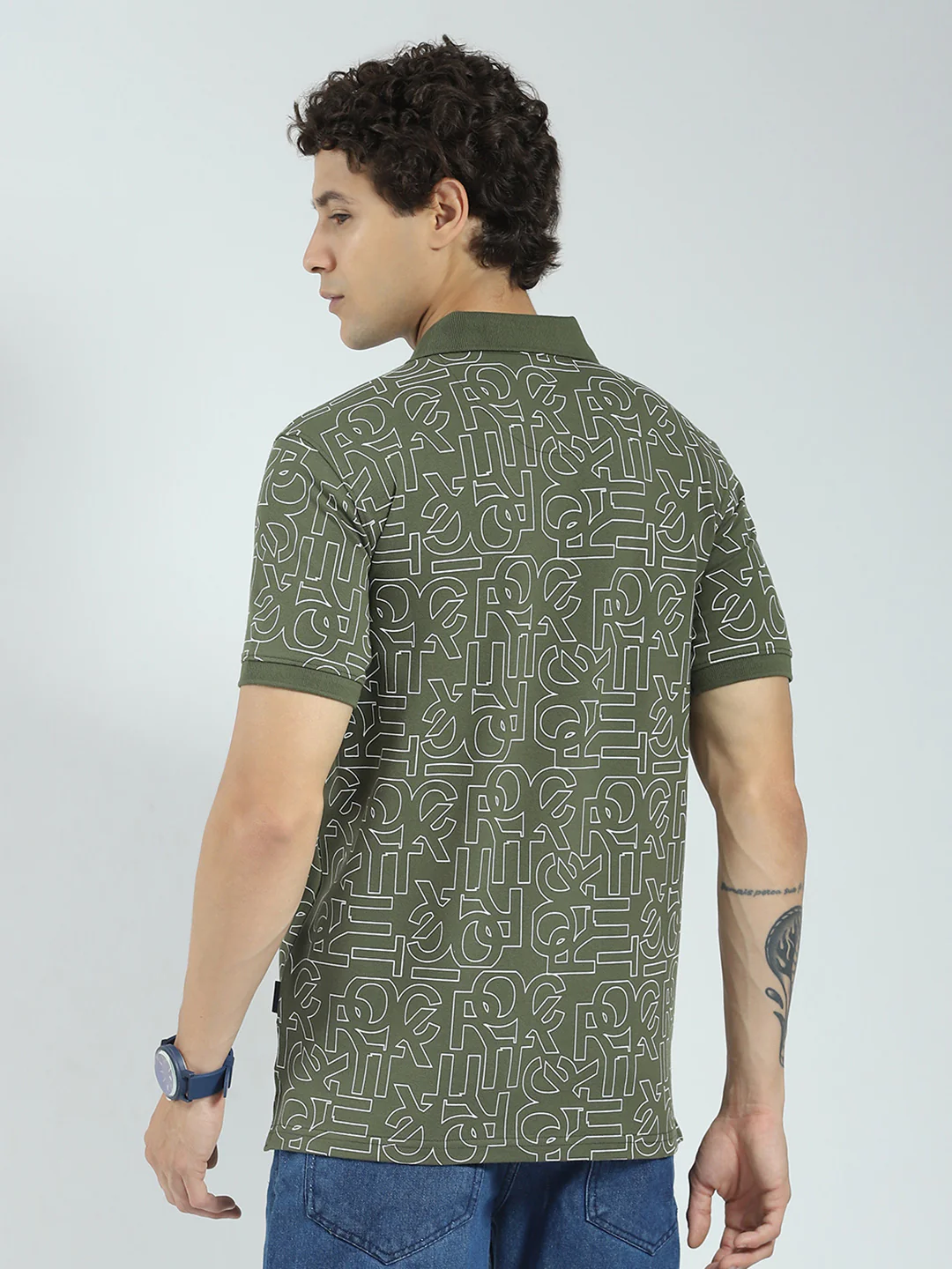 Rock.it Men Olive Printed Collar Half Sleeve T-Shirt - Image 5