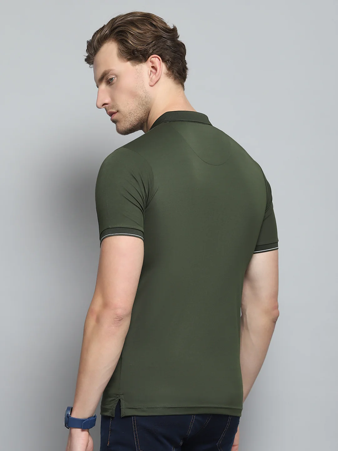Men Olive Printed Collar Half Sleeve T-Shirt - Image 5