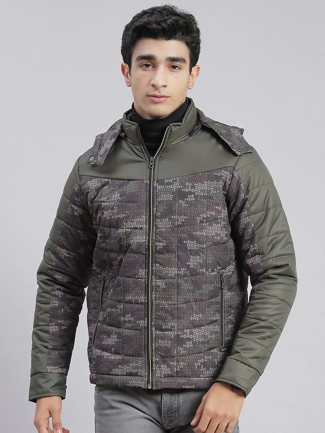Men Olive Printed Hooded Full Sleeve Jackets - Image 4