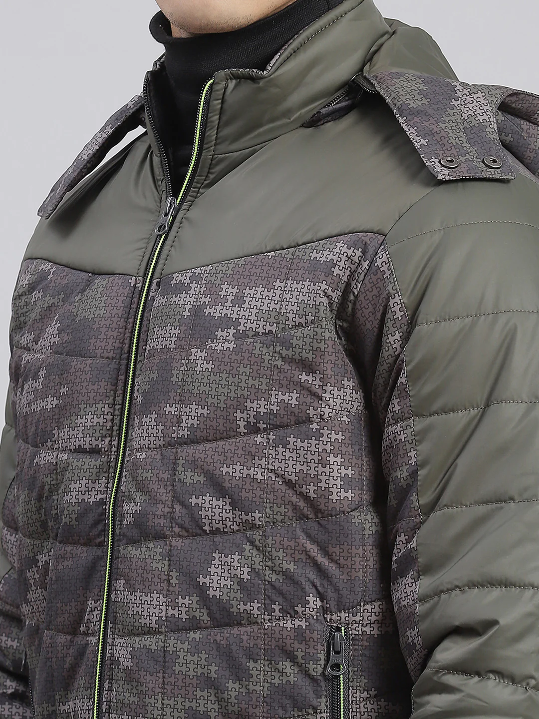 Men Olive Printed Hooded Full Sleeve Jackets - Image 8
