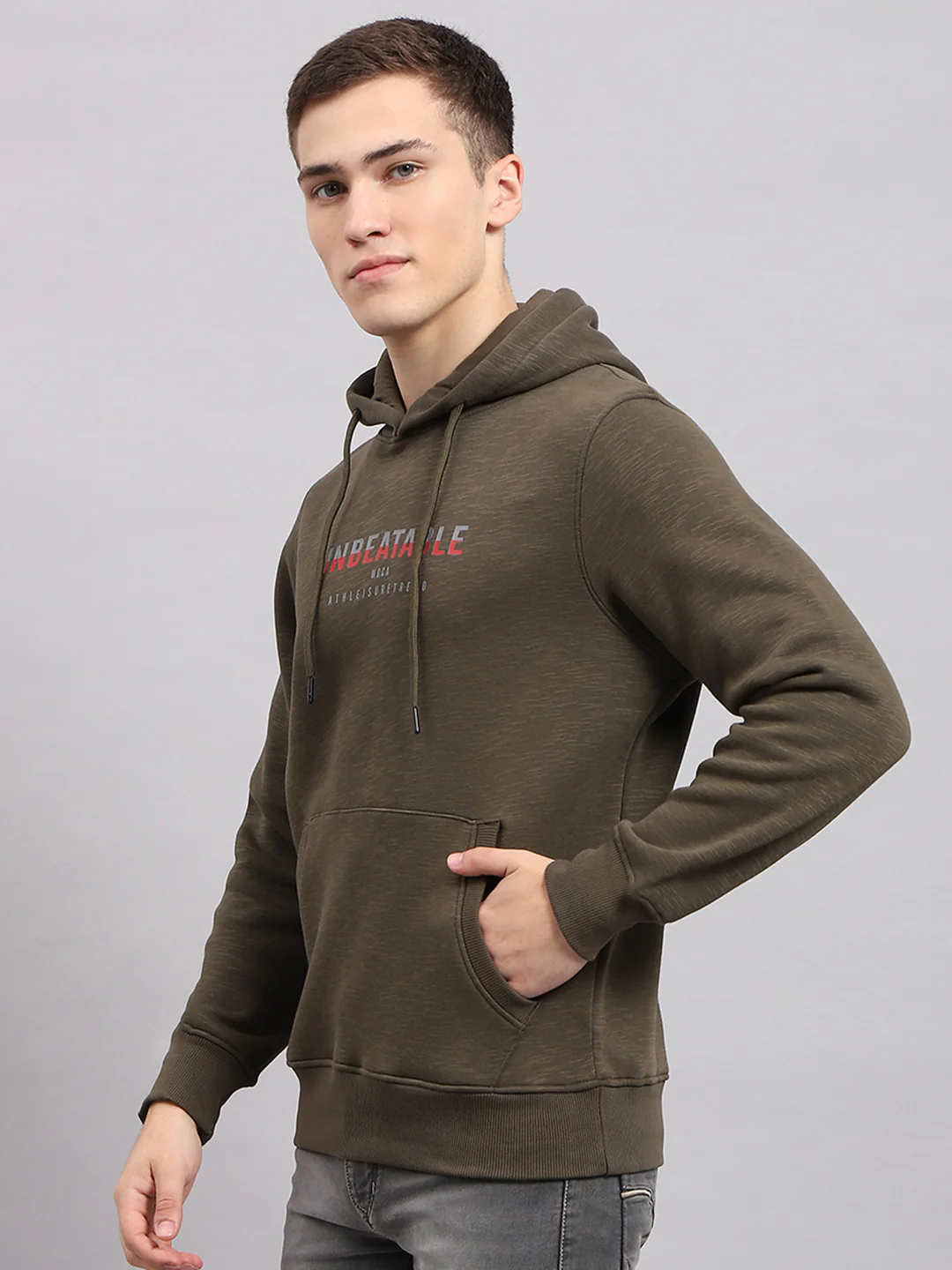 Men Olive Printed Hooded Full Sleeve Sweatshirt - Image 3