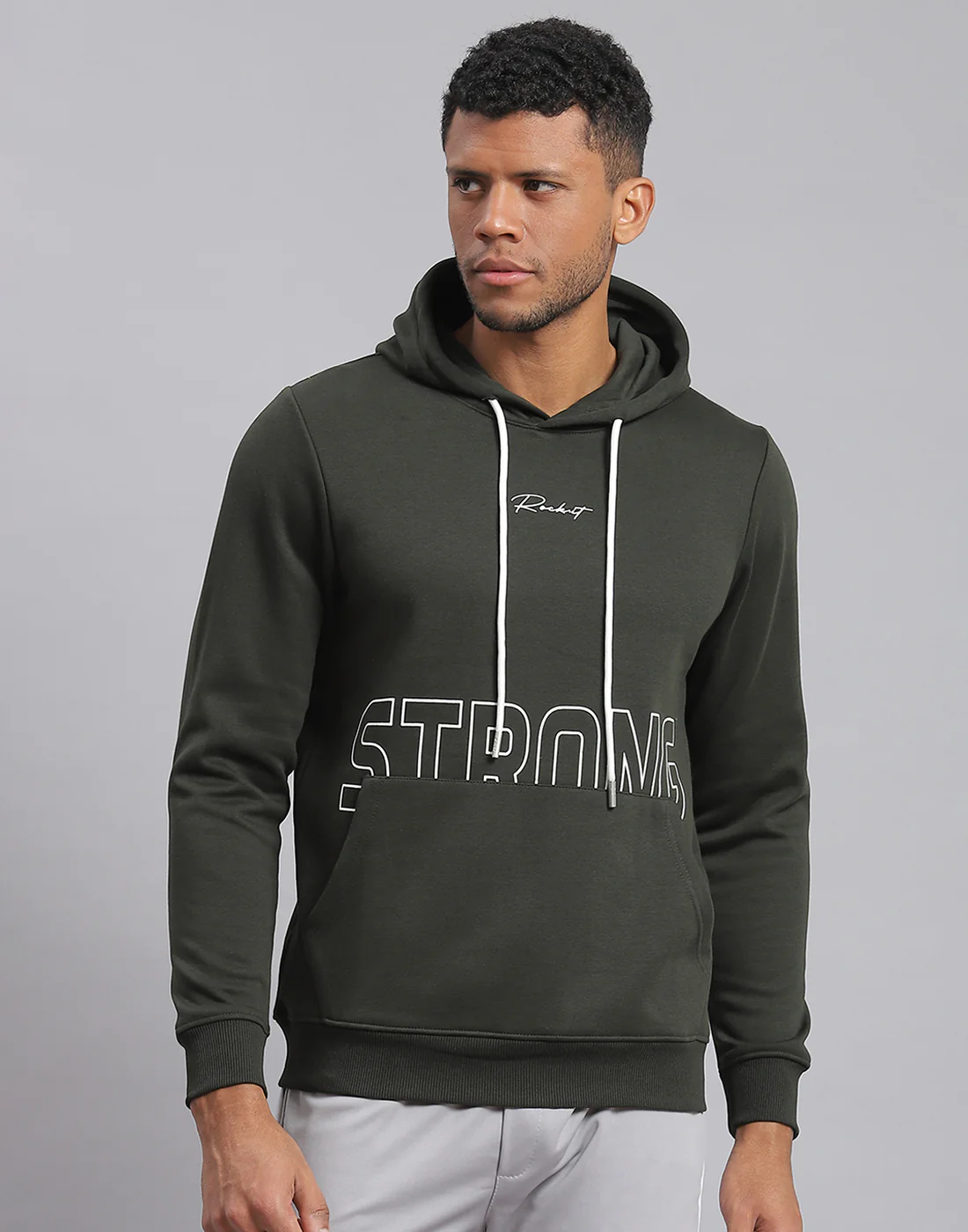 Rock.it Men Olive Printed Hooded Full Sleeve Sweatshirt - Image 2
