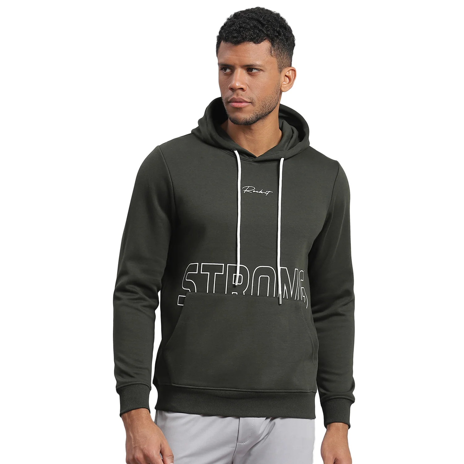 Rock.it Men Olive Printed Hooded Full Sleeve Sweatshirt - Image 5