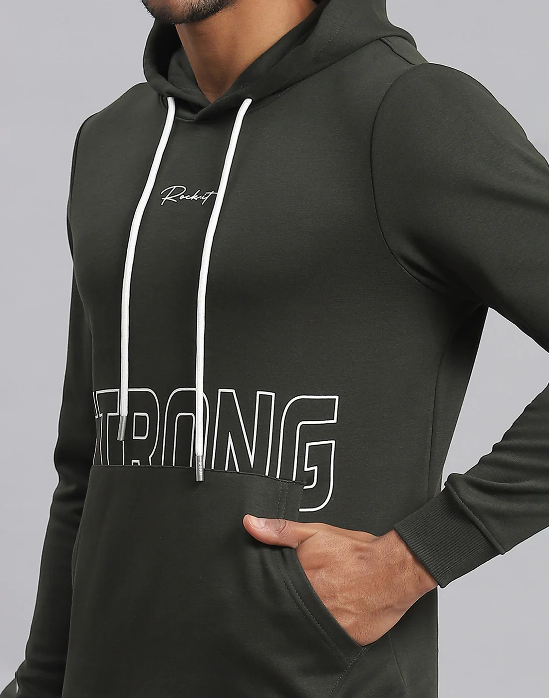Rock.it Men Olive Printed Hooded Full Sleeve Sweatshirt - Image 7