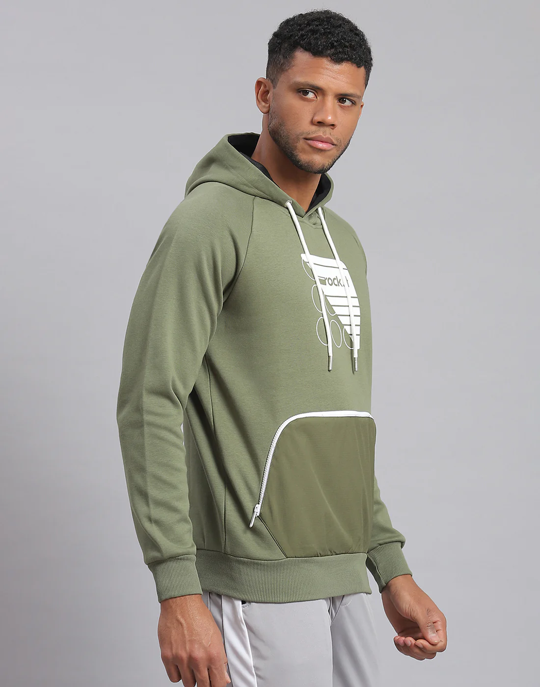 Rock.it Men Olive Printed Hooded Full Sleeve Sweatshirt - Image 4