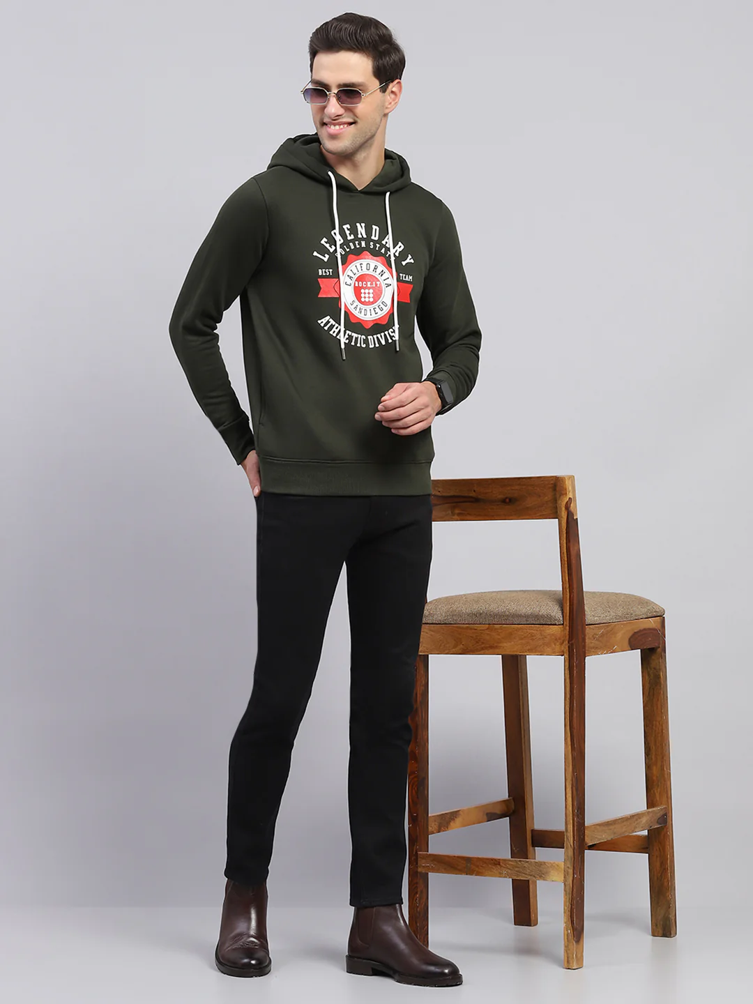 Rock.it Men Olive Printed Hooded Full Sleeve Sweatshirt - Image 2