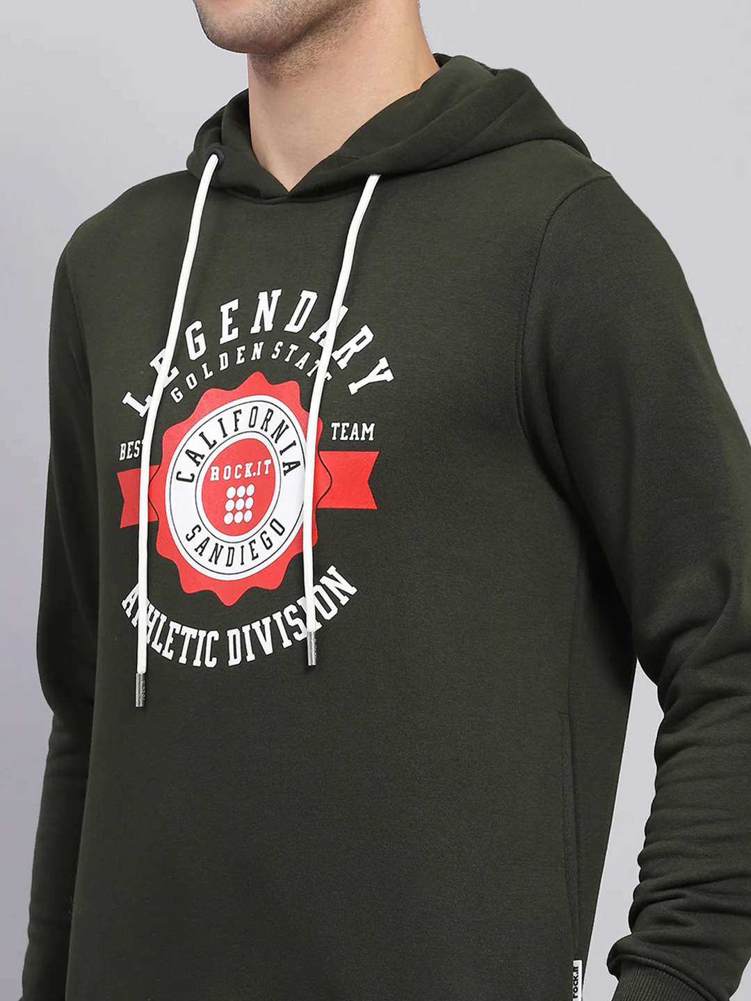 Rock.it Men Olive Printed Hooded Full Sleeve Sweatshirt - Image 6
