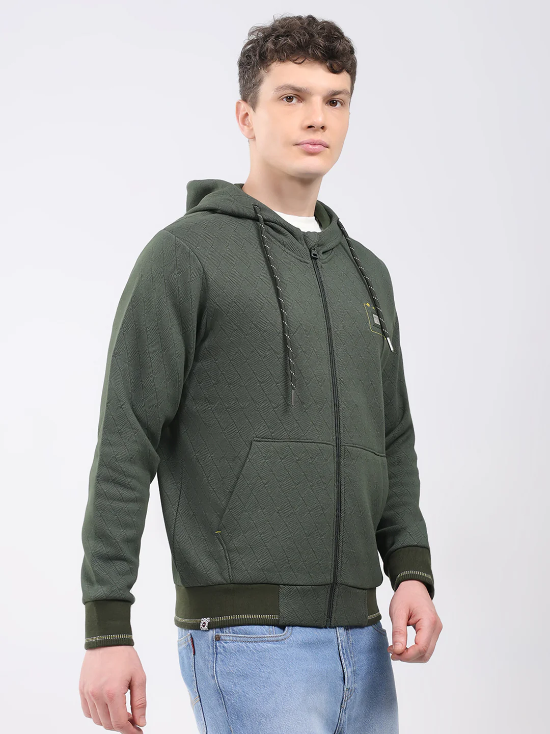 Men Olive Printed Hooded Full Sleeve Sweatshirt - Image 4