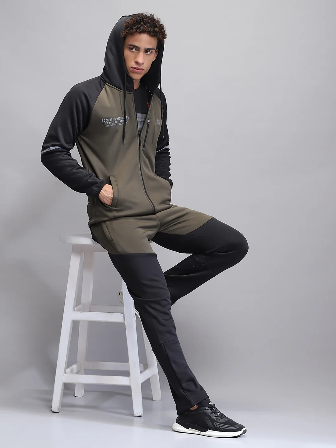 Rock.it Men Olive Printed Hooded Full Sleeve Winter Tracksuit - Image 2