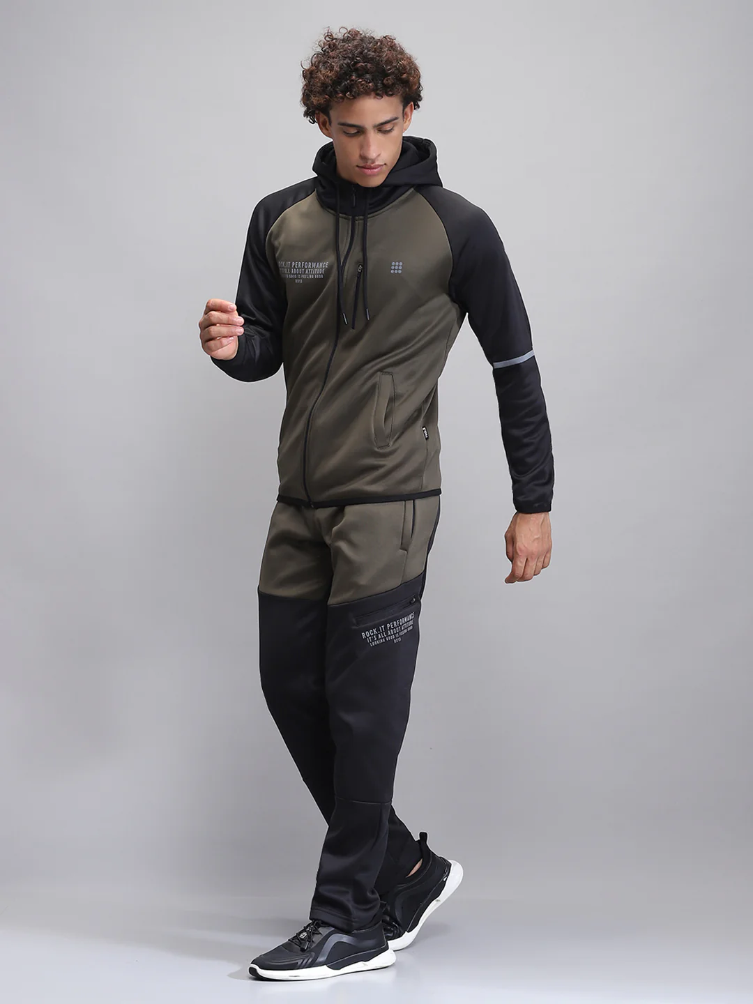 Rock.it Men Olive Printed Hooded Full Sleeve Winter Tracksuit - Image 3
