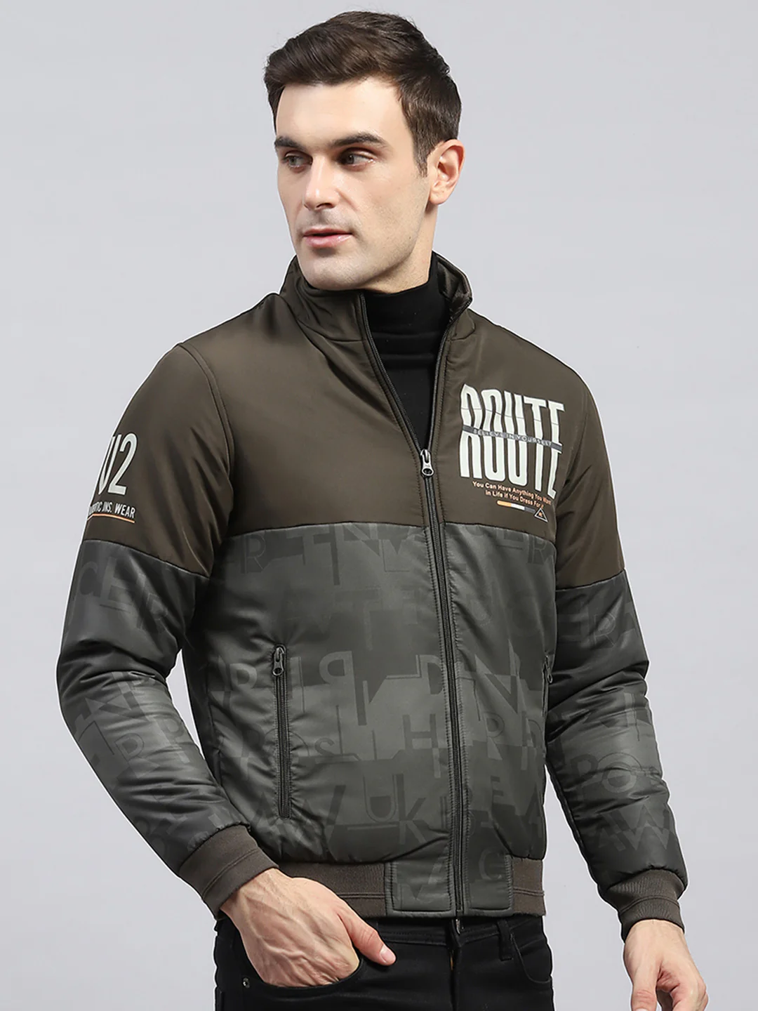 Men Olive Printed Mock Neck Full Sleeve Jacket - Image 3