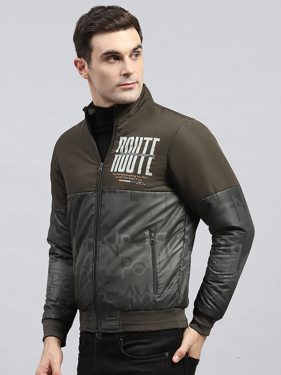 Men Olive Printed Mock Neck Full Sleeve Jacket - Image 4