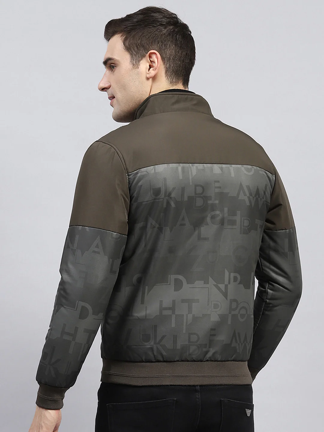 Men Olive Printed Mock Neck Full Sleeve Jacket - Image 5