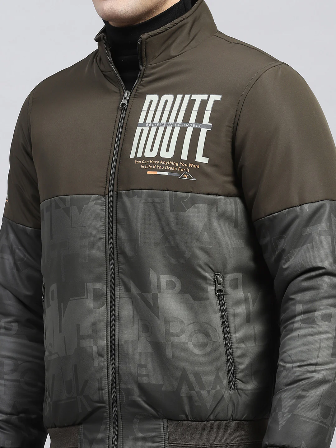 Men Olive Printed Mock Neck Full Sleeve Jacket - Image 6