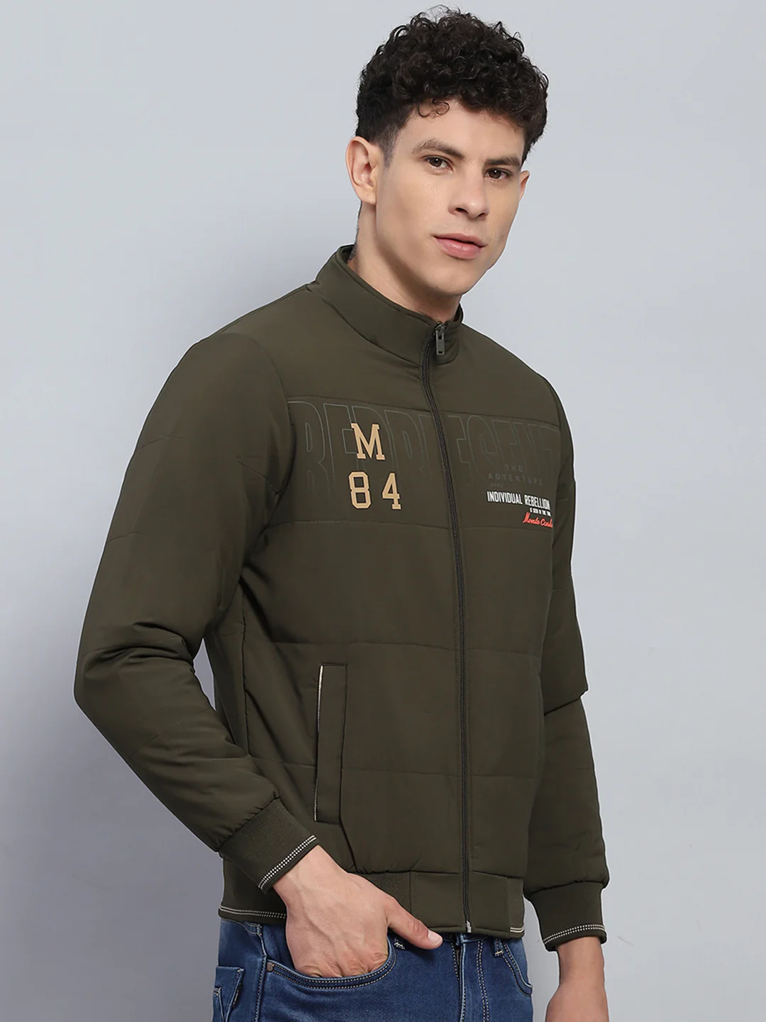 Men Olive Printed Mock Neck Full Sleeve Jacket - Image 4
