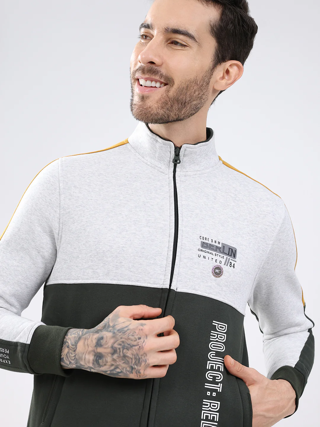 Men Olive Printed Mock Neck Full Sleeve Sweatshirt - Image 7