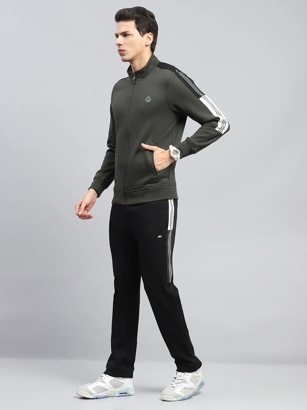 Men Olive Printed Mock Neck Full Sleeve Winter Tracksuit - Image 3
