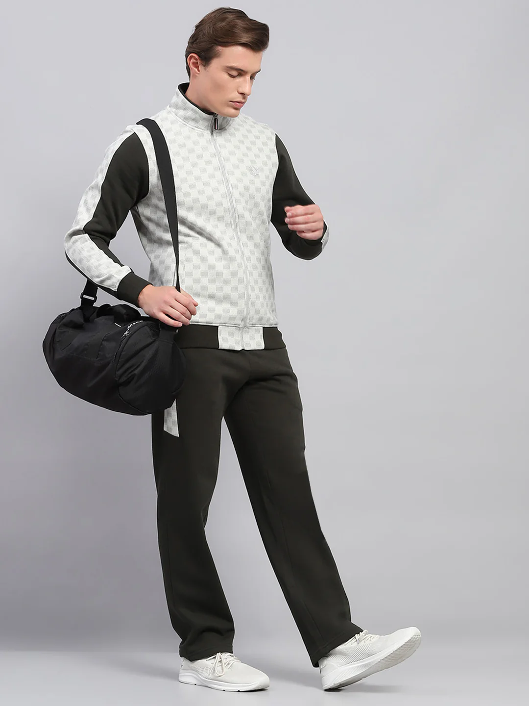 Men Olive Printed Mock Neck Full Sleeve Winter Tracksuit - Image 2