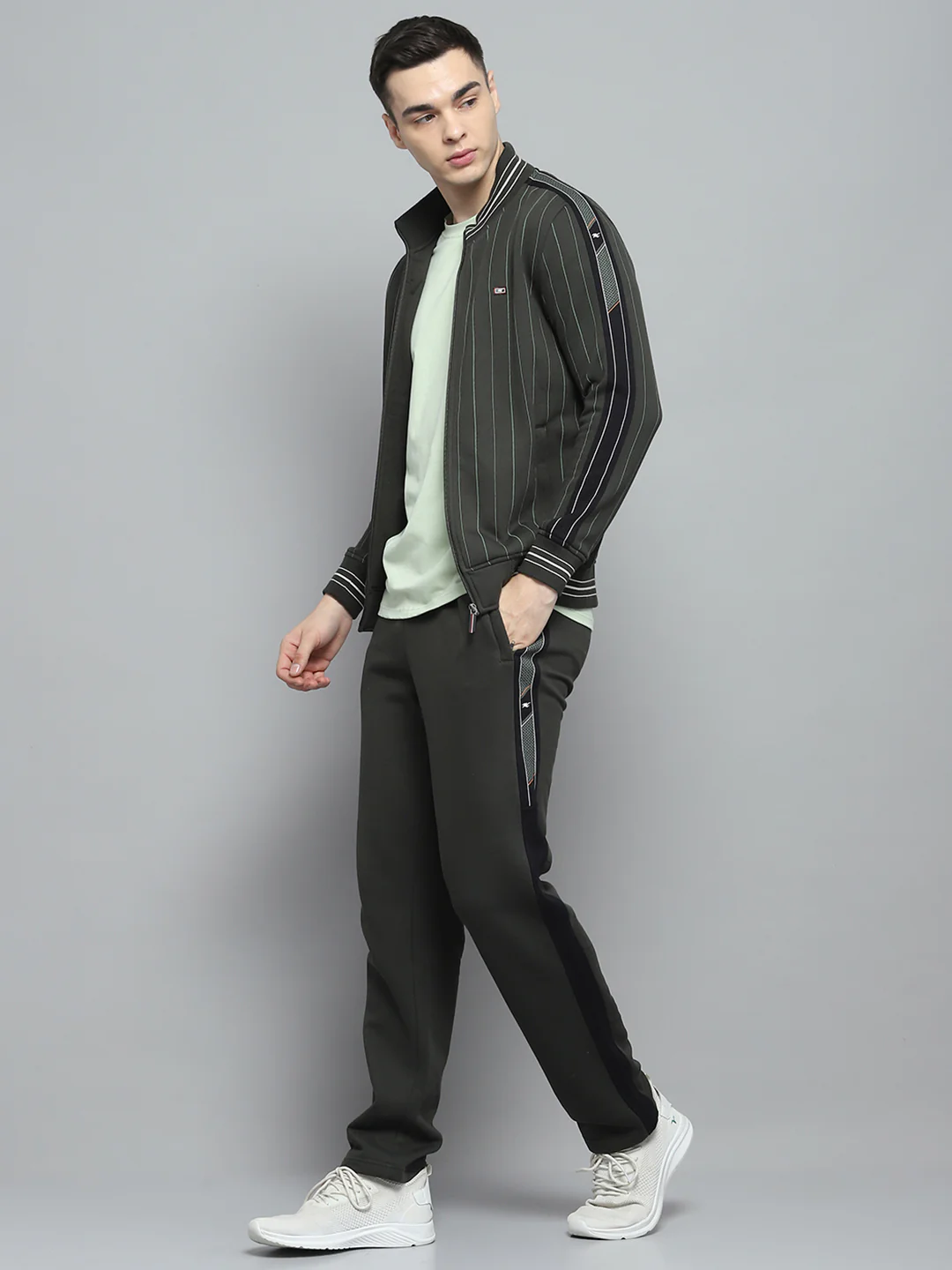Men Olive Printed Mock Neck Full Sleeve Winter Tracksuit - Image 2
