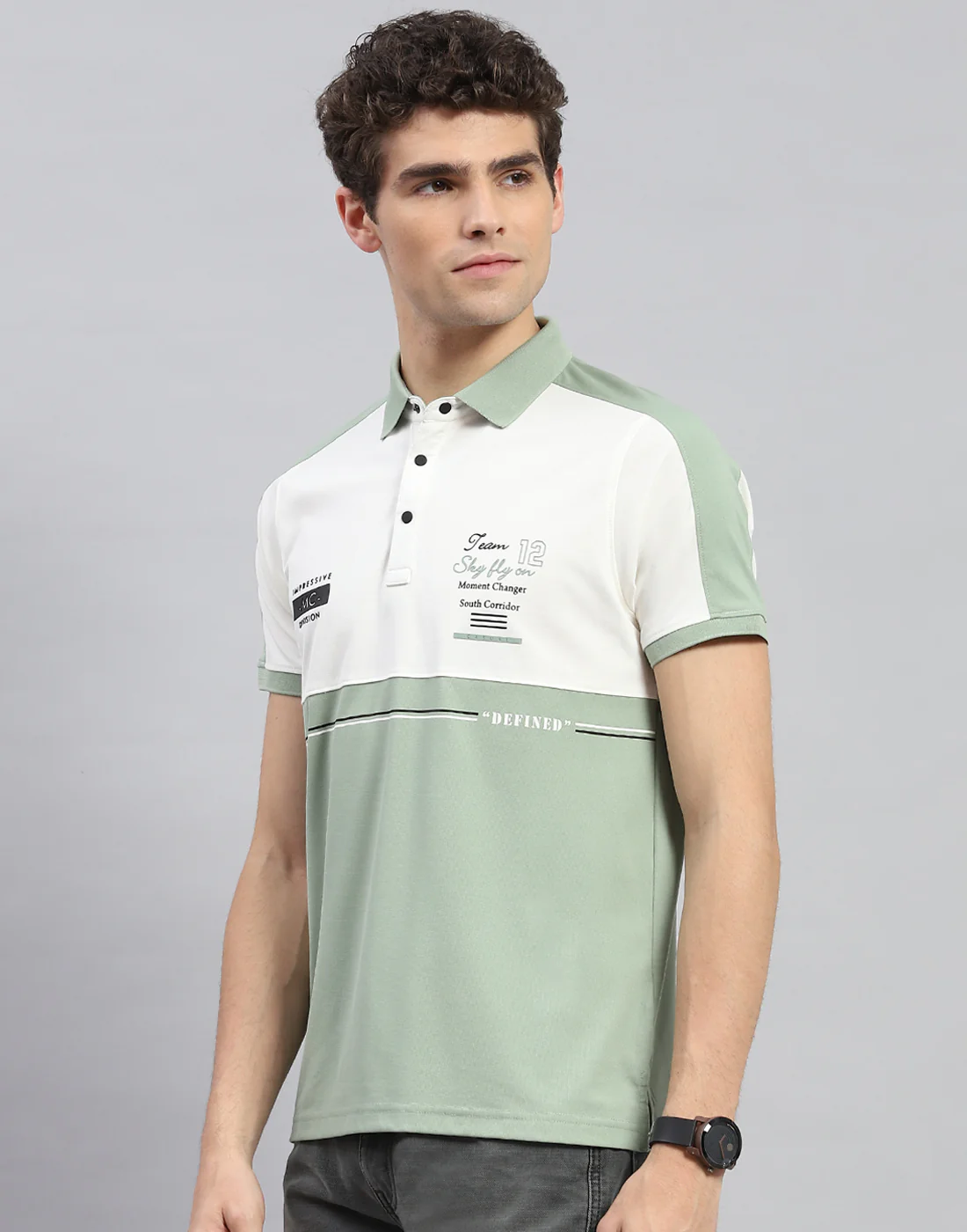 Men Olive Printed Polo Collar Half Sleeve T-Shirt - Image 3