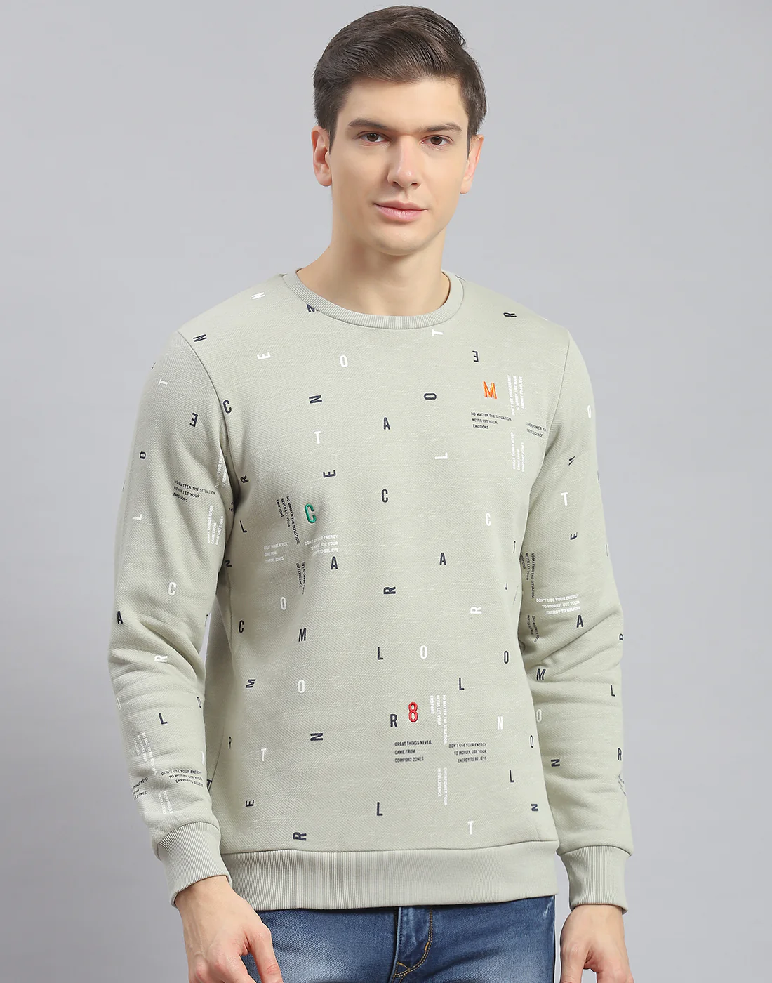 Men Olive Printed Round Neck Full Sleeve Sweatshirt - Image 2