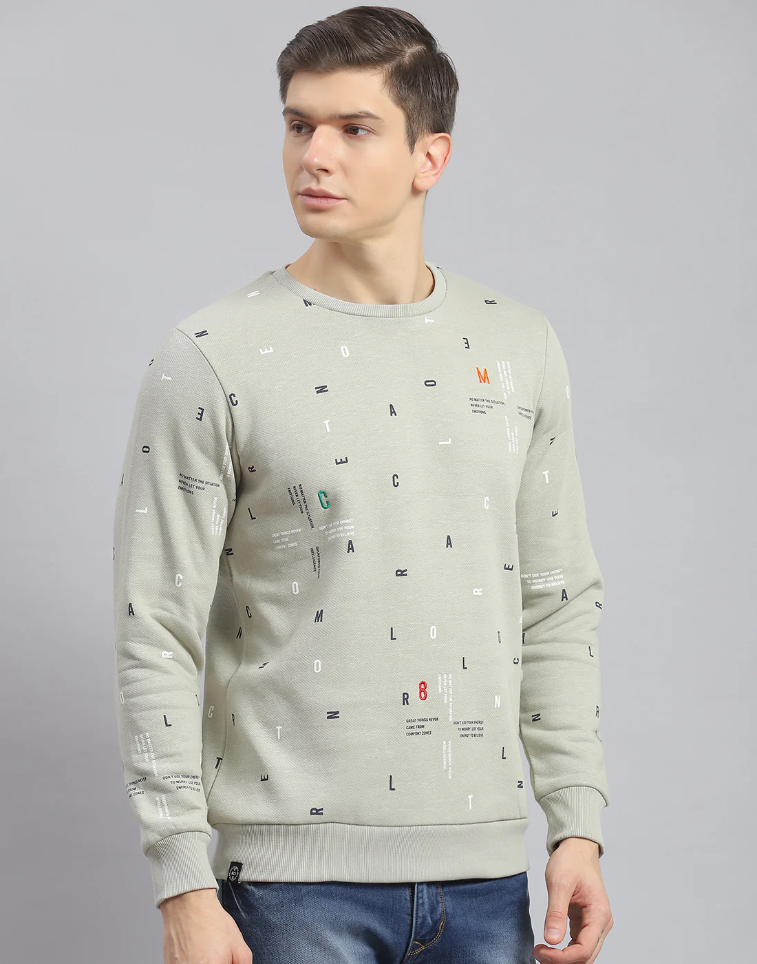 Men Olive Printed Round Neck Full Sleeve Sweatshirt - Image 4