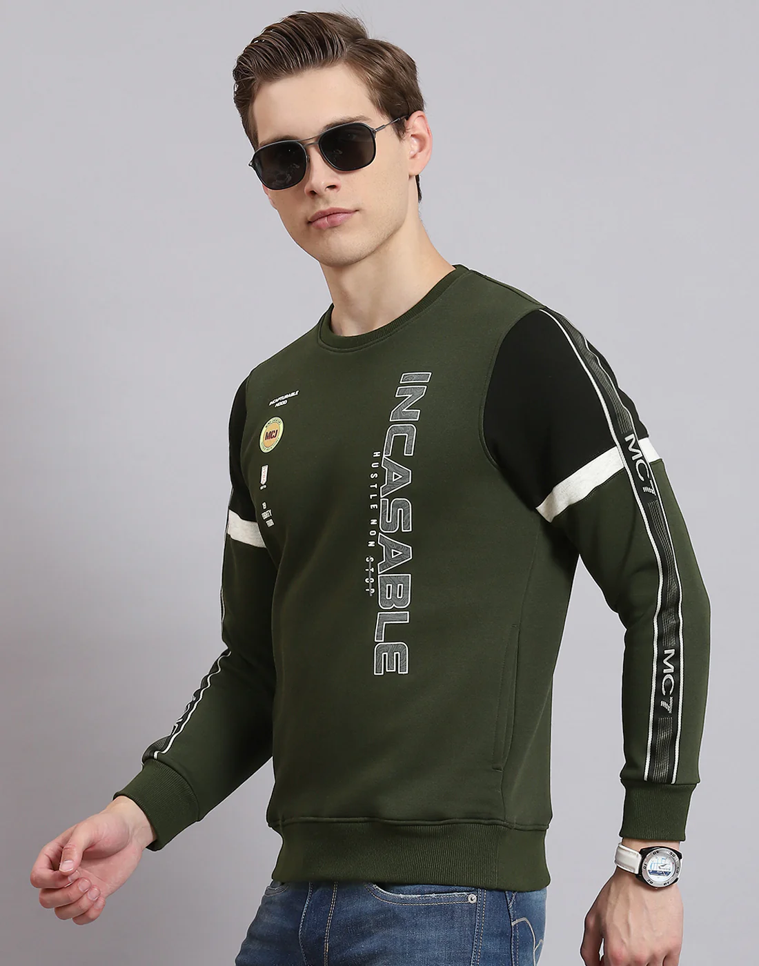Men Olive Printed Round Neck Full Sleeve Sweatshirt - Image 3