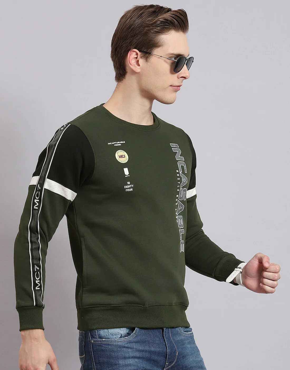 Men Olive Printed Round Neck Full Sleeve Sweatshirt - Image 4