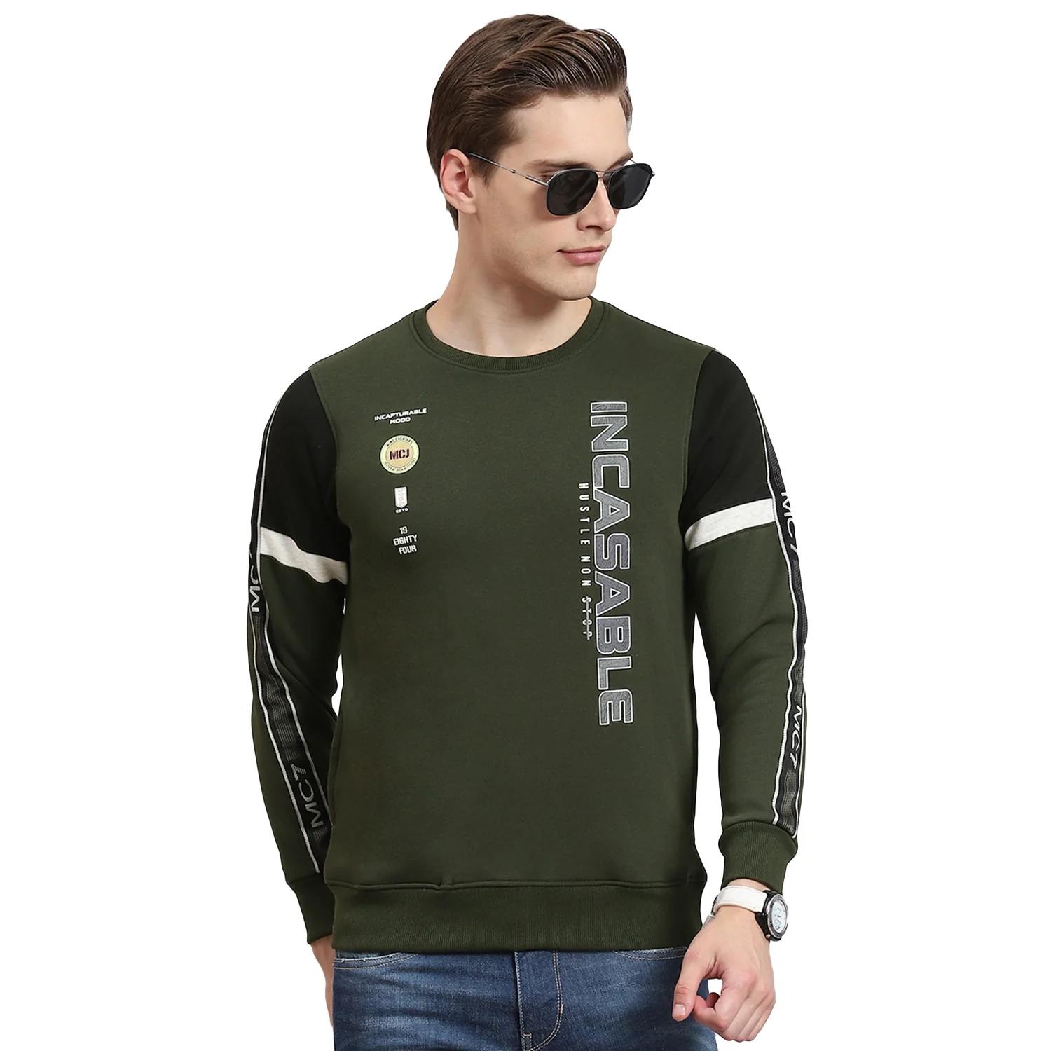 Men Olive Printed Round Neck Full Sleeve Sweatshirt - Image 5